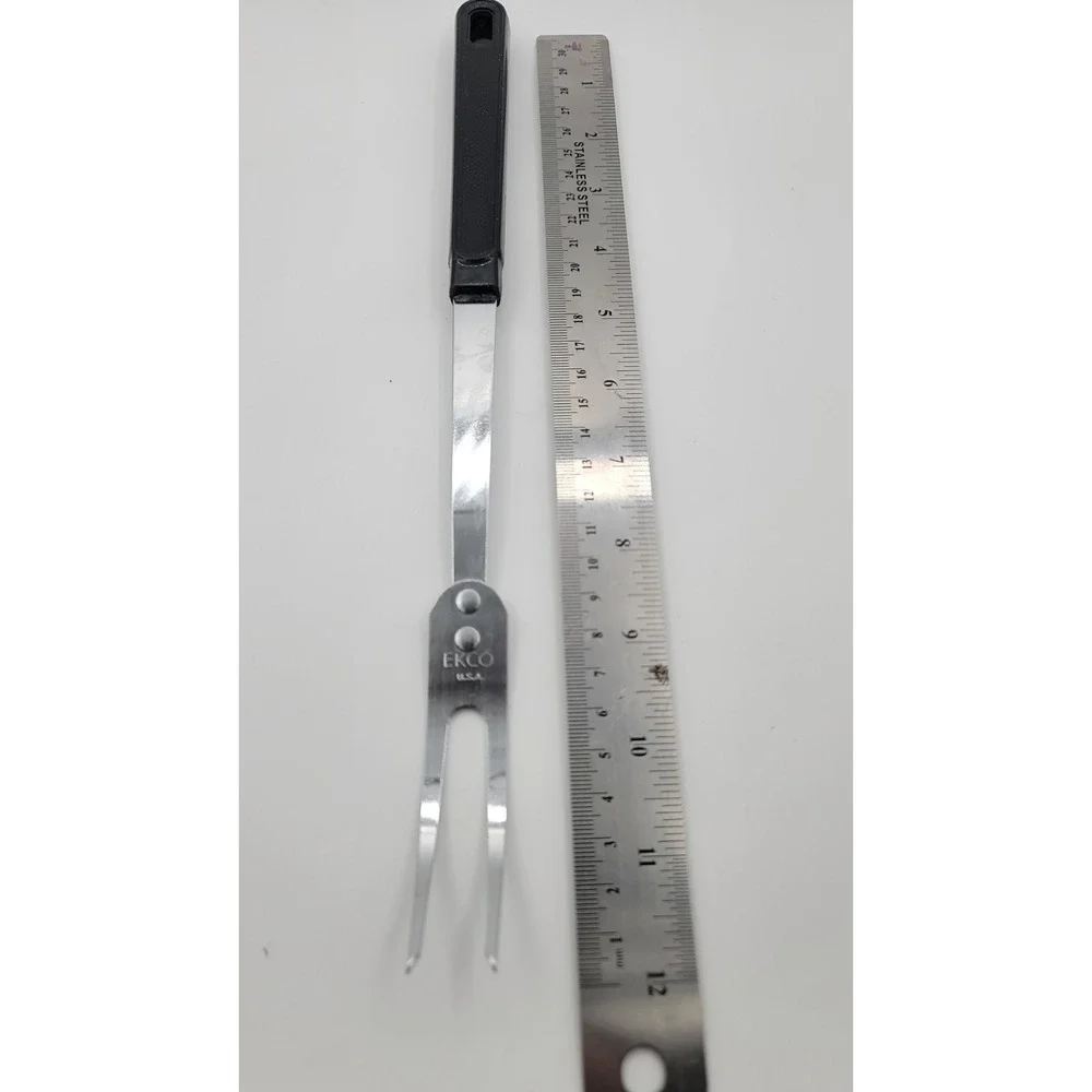 Vintage EKCO USA Stainless Steel Meat Carving Fork Black Textured Handle 10 inch